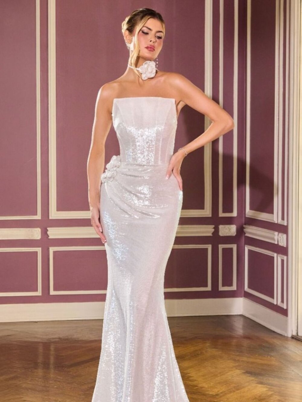 New Off White Intricate Sequins Embellished Pageant Festive Mermaid Gown CD J905 - Picture 4 of 10